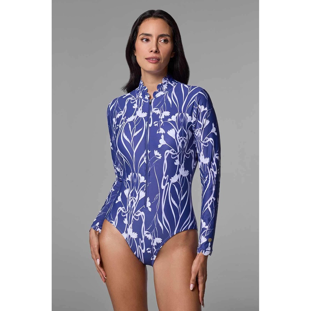 Coolibar Great Star Scallop Long Sleeve Swimsuit Womens XXL Blue Floral UPF 50+
